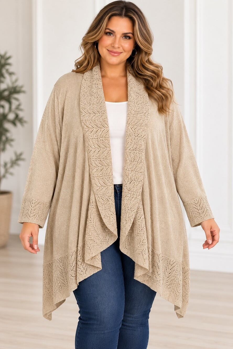 Briggs Cardigan Women’s Plus Size 3X Gold Metallic Open Front Pointelle Knit